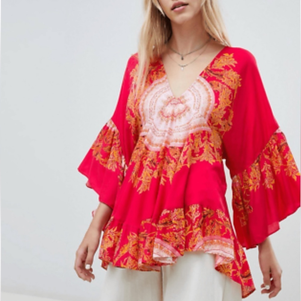 Free People Womens Sunset Dreams printed Tunic Top XS Red Flare Sleeve Boho